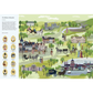Illustrated map of a historical town with people, horses, and carriages.