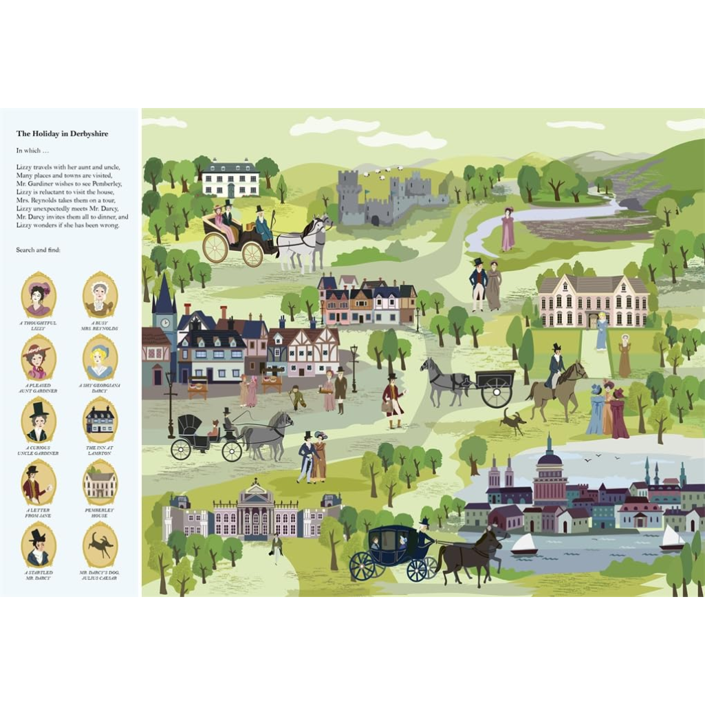 Illustrated map of a historical town with people, horses, and carriages.
