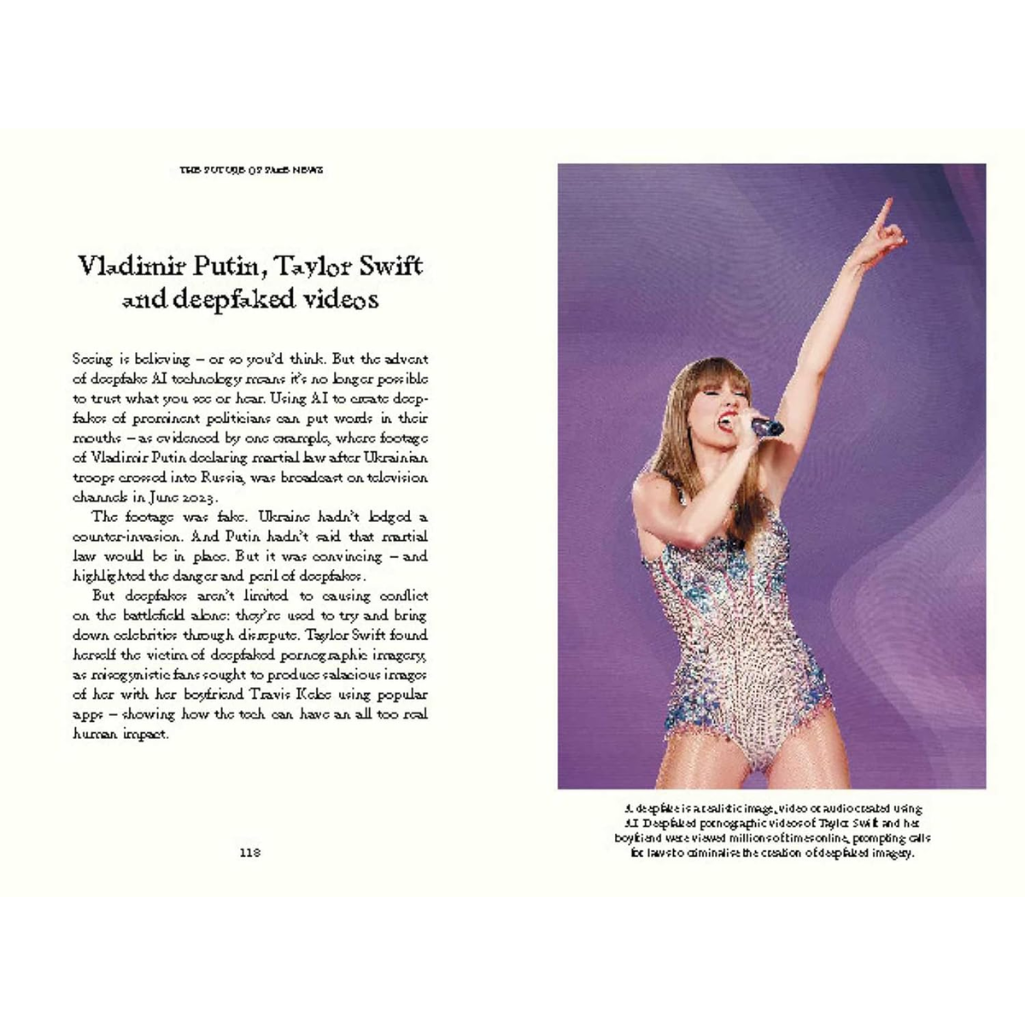Page from a book with text and an image of Taylor Swift on a purple background