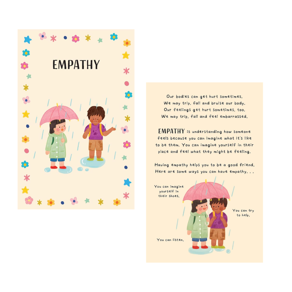 Educational page about empathy with illustrations of children sharing umbrellas.