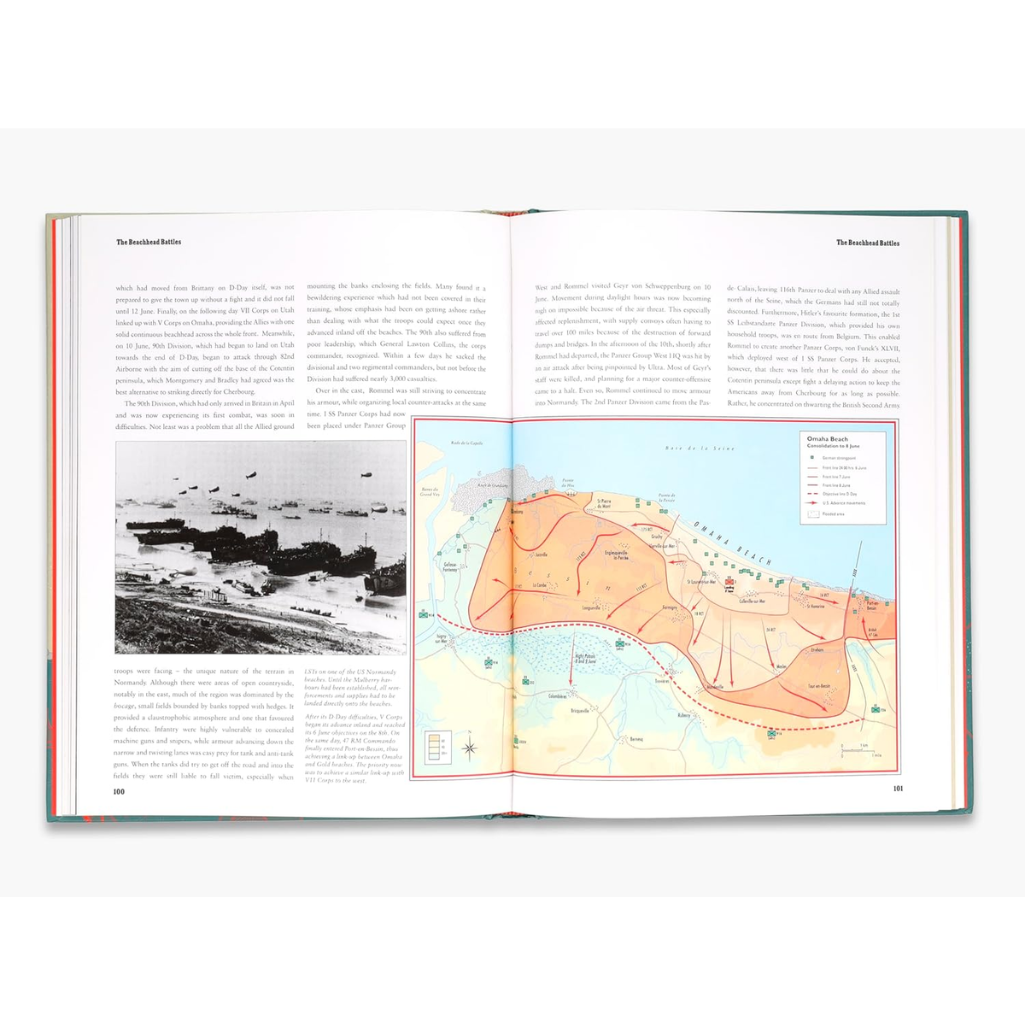Open book showing a map and black and white photograph on a white background