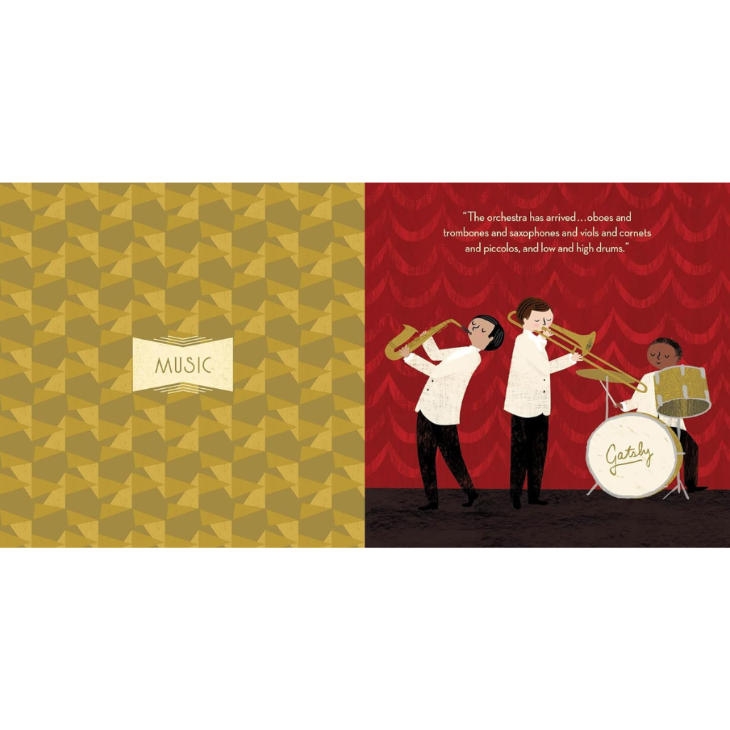 Illustration of musicians with instruments on a red and gold patterned background