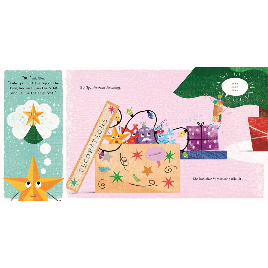 Children's book page with star-themed illustrations and text on a white background