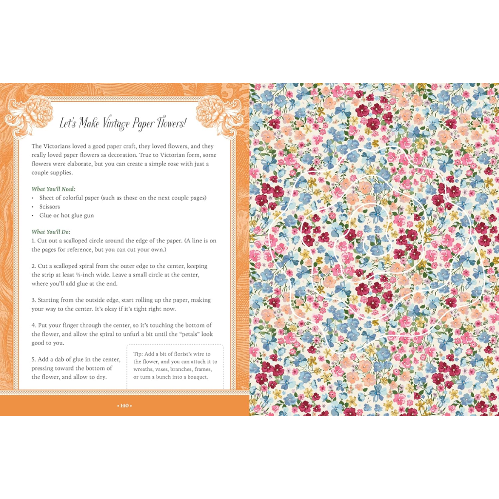 Book page with floral pattern and text on paper flower craft instructions.