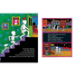 Illustrated book pages with skeletons and a dog in a colorful urban setting.