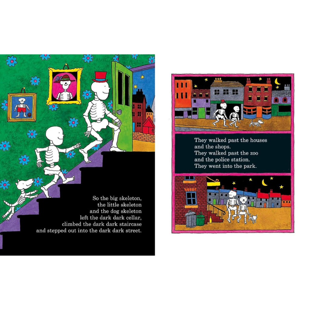 Illustrated book pages with skeletons and a dog in a colorful urban setting.