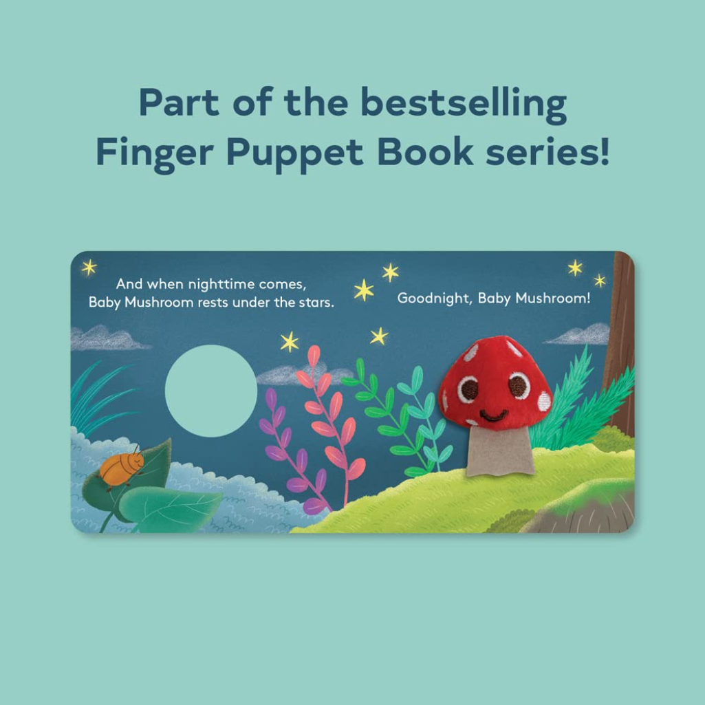 Finger puppet book cover with a red mushroom character on a blue background