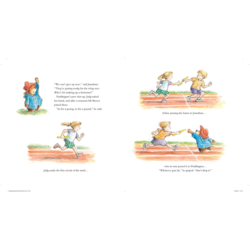 Illustrated page from a children's book showing a relay race with children and animals.