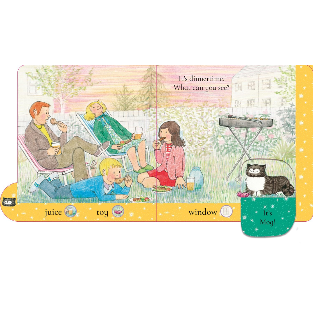 Illustrated book page with family at dinner, cat in a basket, and text prompts.