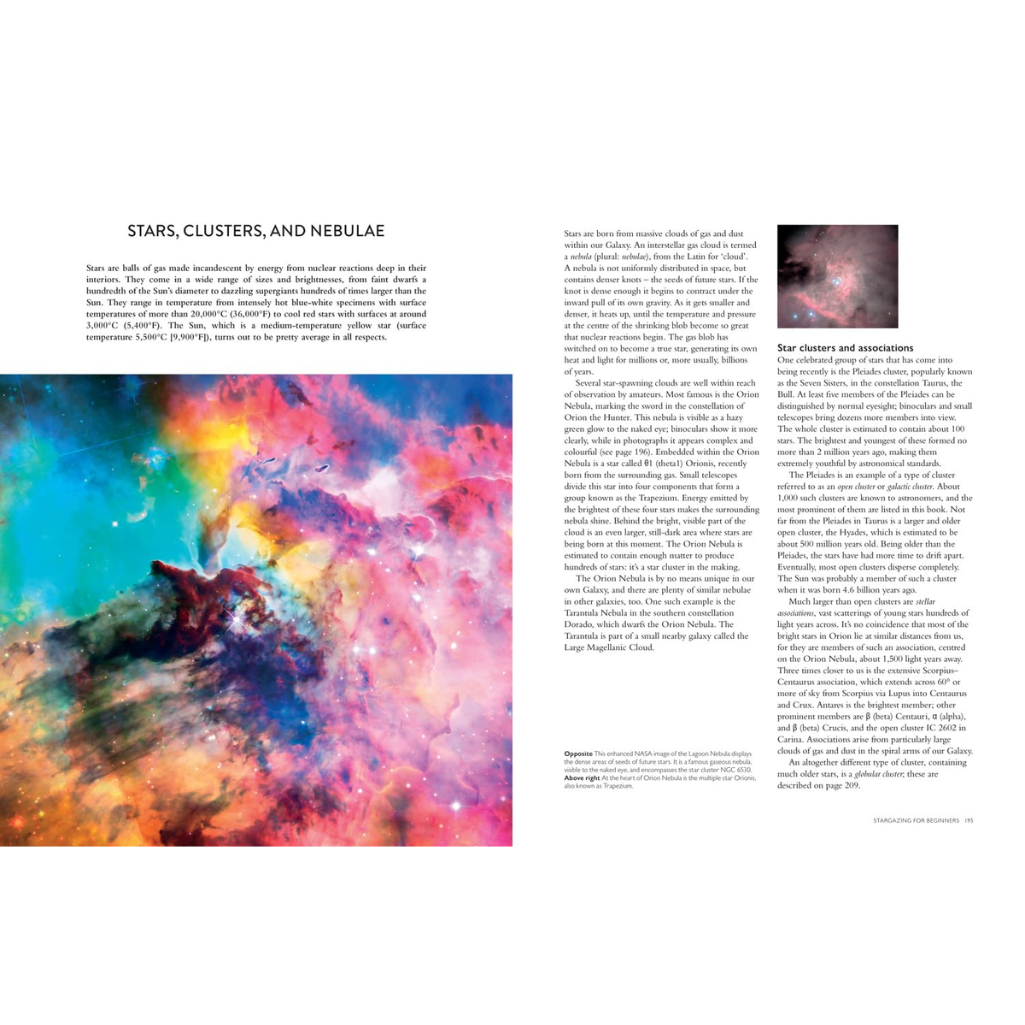 Page from a book or magazine about stars, clusters, and nebulae with colorful galaxy image and text.