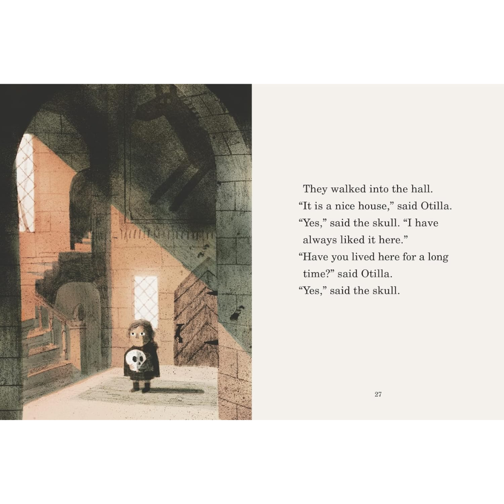 Illustration of a child in a dark coat standing in a large, dimly lit hall with text on a white background.