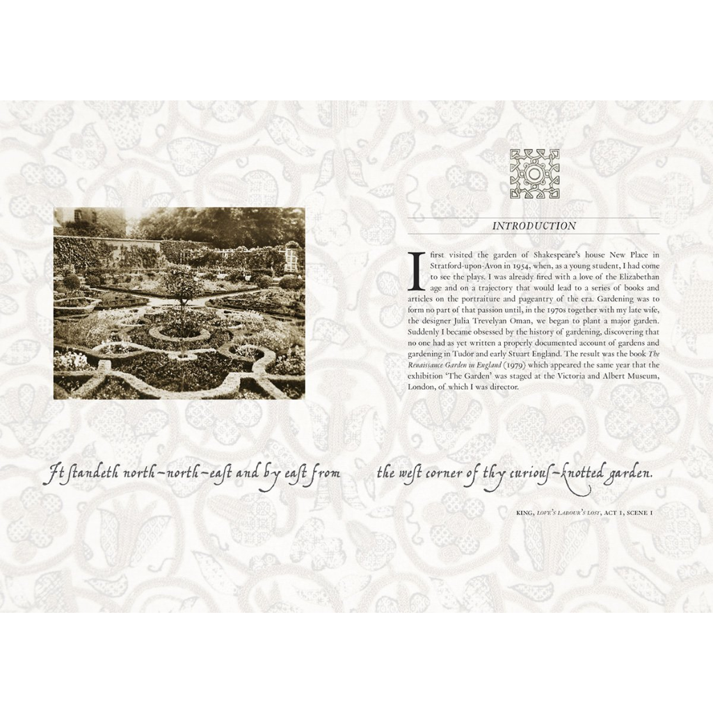 Book page with garden illustration and text on a decorative background