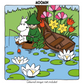 Cartoon scene with two characters by a lake with flowers and a boat.