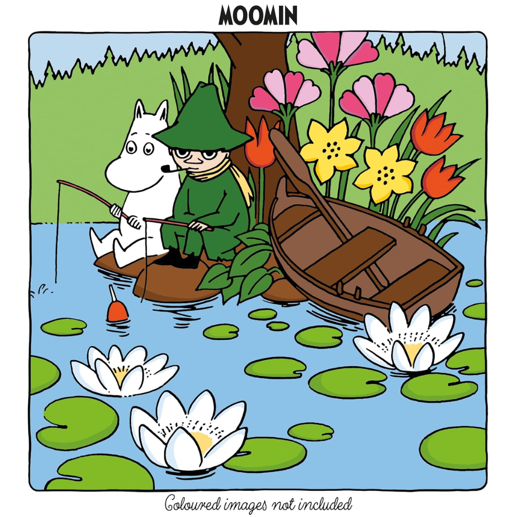 Cartoon scene with two characters by a lake with flowers and a boat.