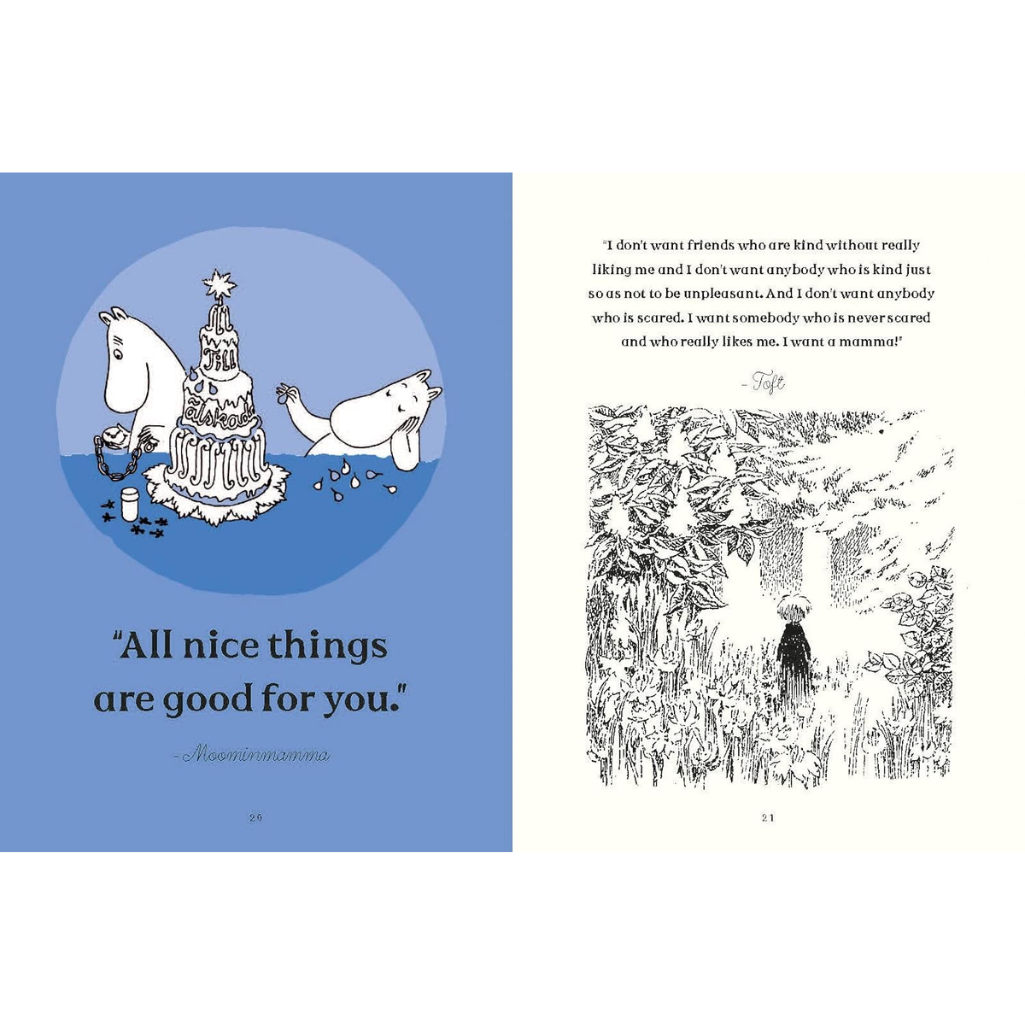 Illustrated book page with two characters near a cake on a blue background and a black and white illustration of a person in a forest.