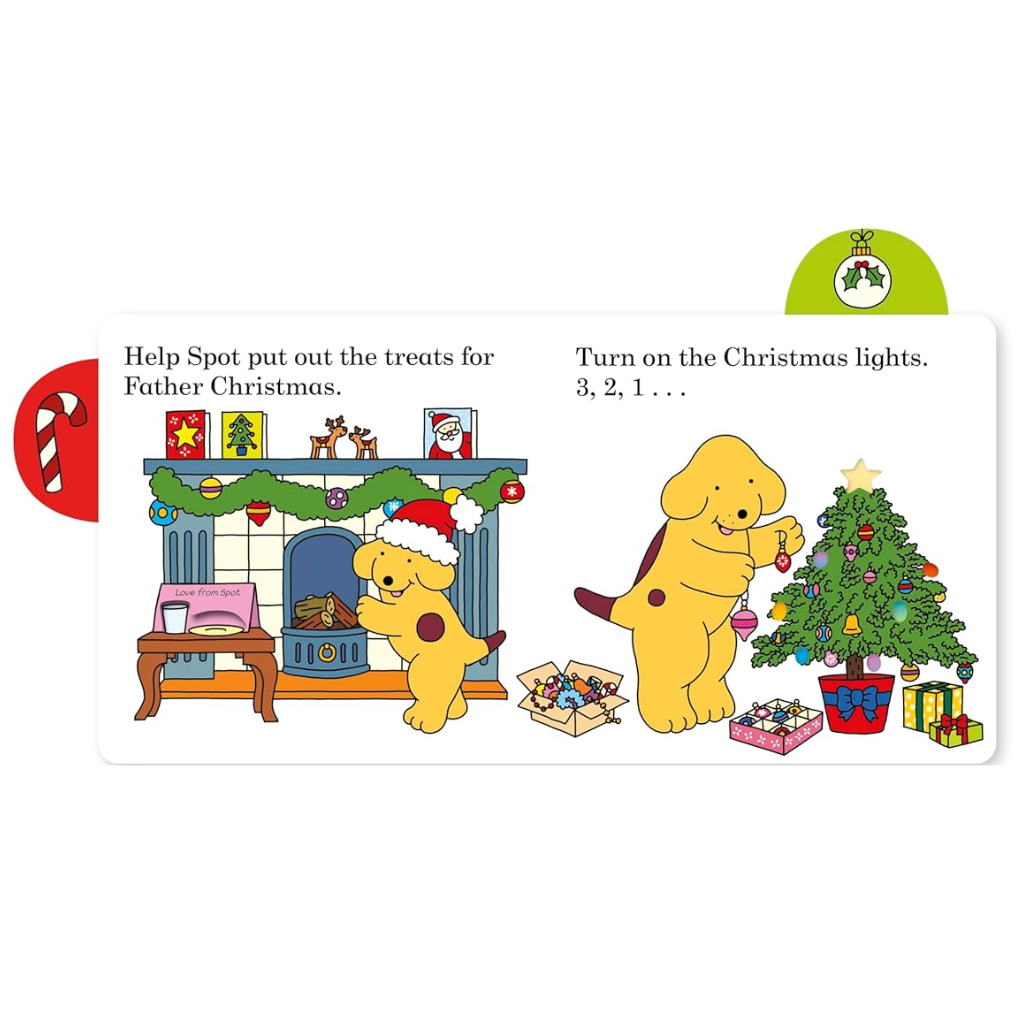 Illustration of a dog helping with Christmas preparations, including a fireplace and Christmas tree.
