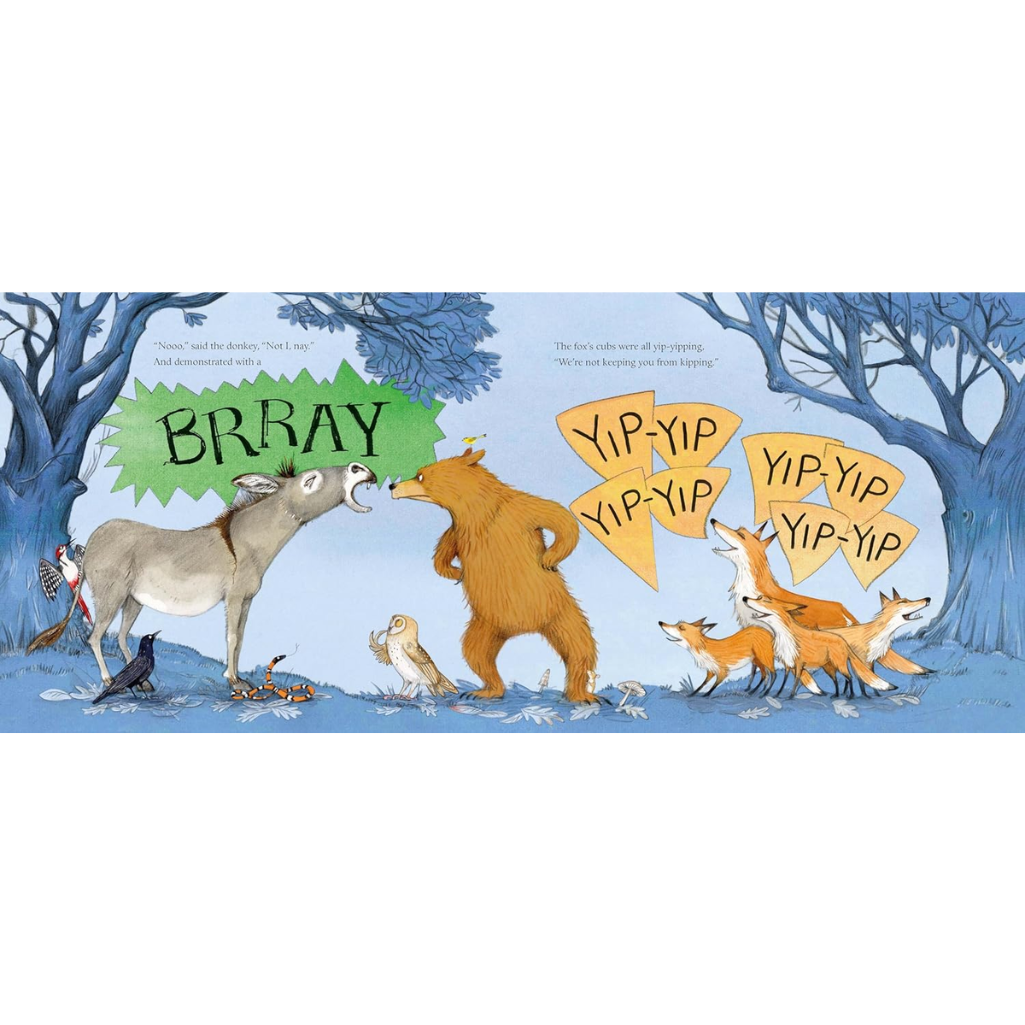 Illustrated book cover with animals and signs in a snowy forest setting