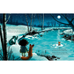 Illustrated book page with a child, fox, and mermaid by a frozen lake at night.