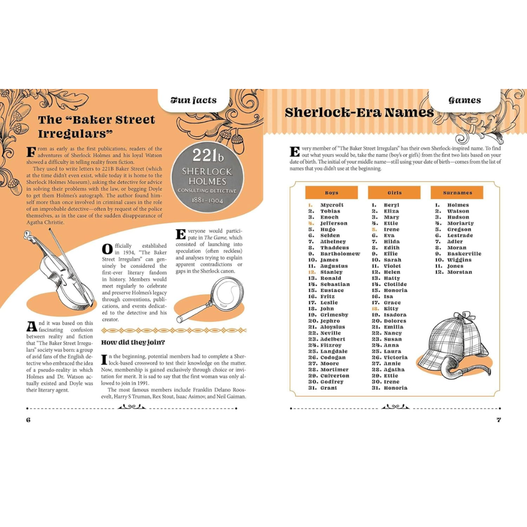 Page from a book or magazine with text and illustrations related to Sherlock Holmes, featuring names and facts.