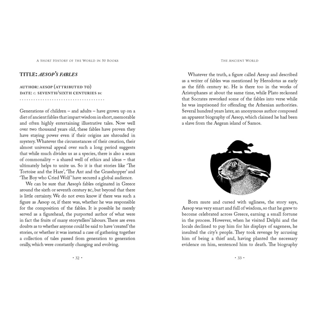 Book page with text and a black and white illustration of a hare and a tortoise.