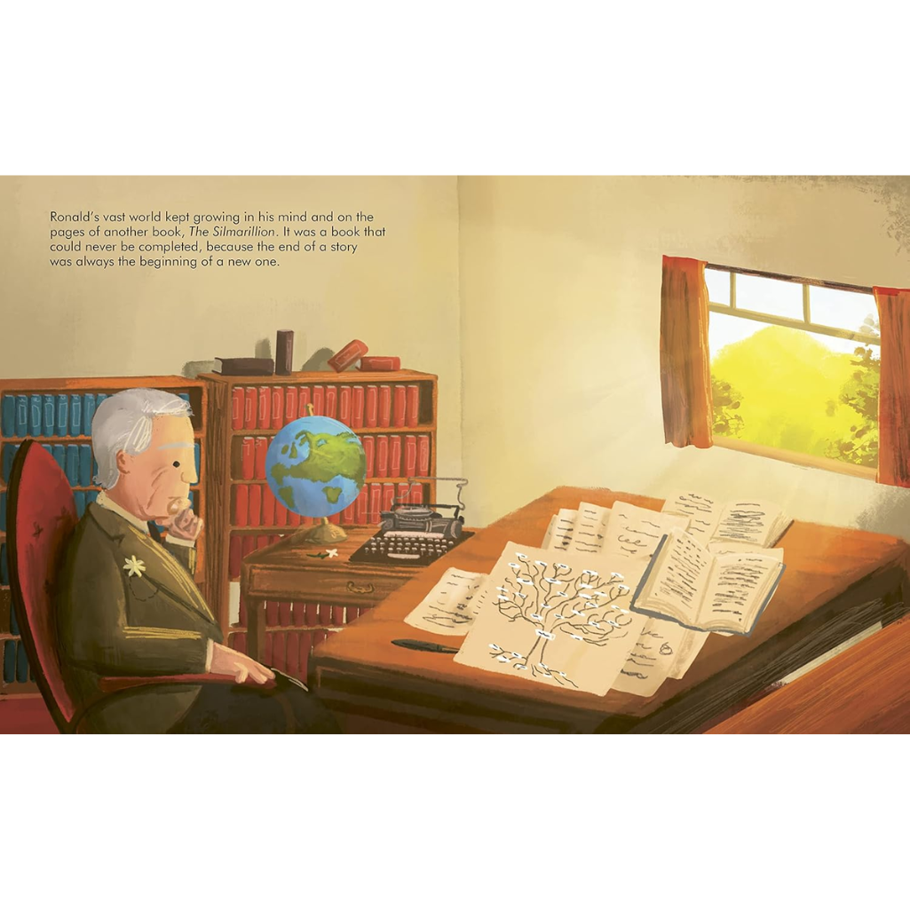 Illustration of a man sitting at a desk with books and a globe, in a room with a window showing a landscape.