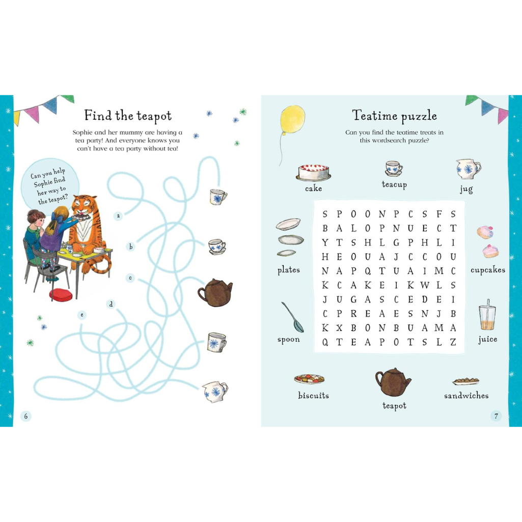 Educational children's book page with maze and word search puzzle.