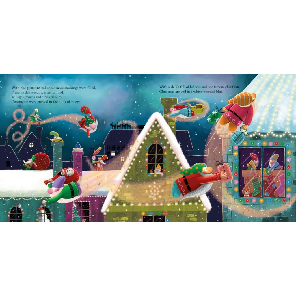 Illustration of a Christmas scene with Santa Claus and reindeer, featuring a house with lights and a sleigh.