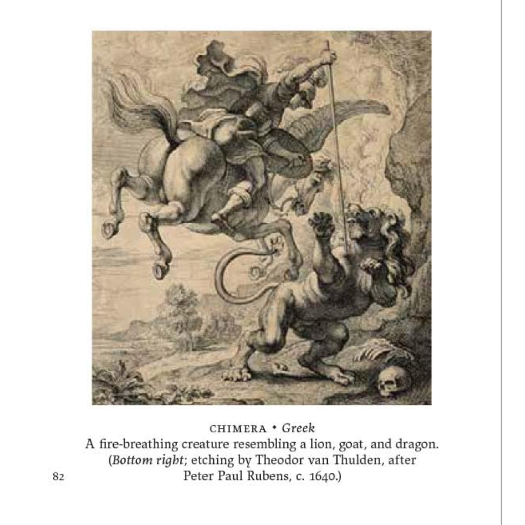 Illustration of a Chimera, a creature resembling a lion, goat, and dragon, with text description.