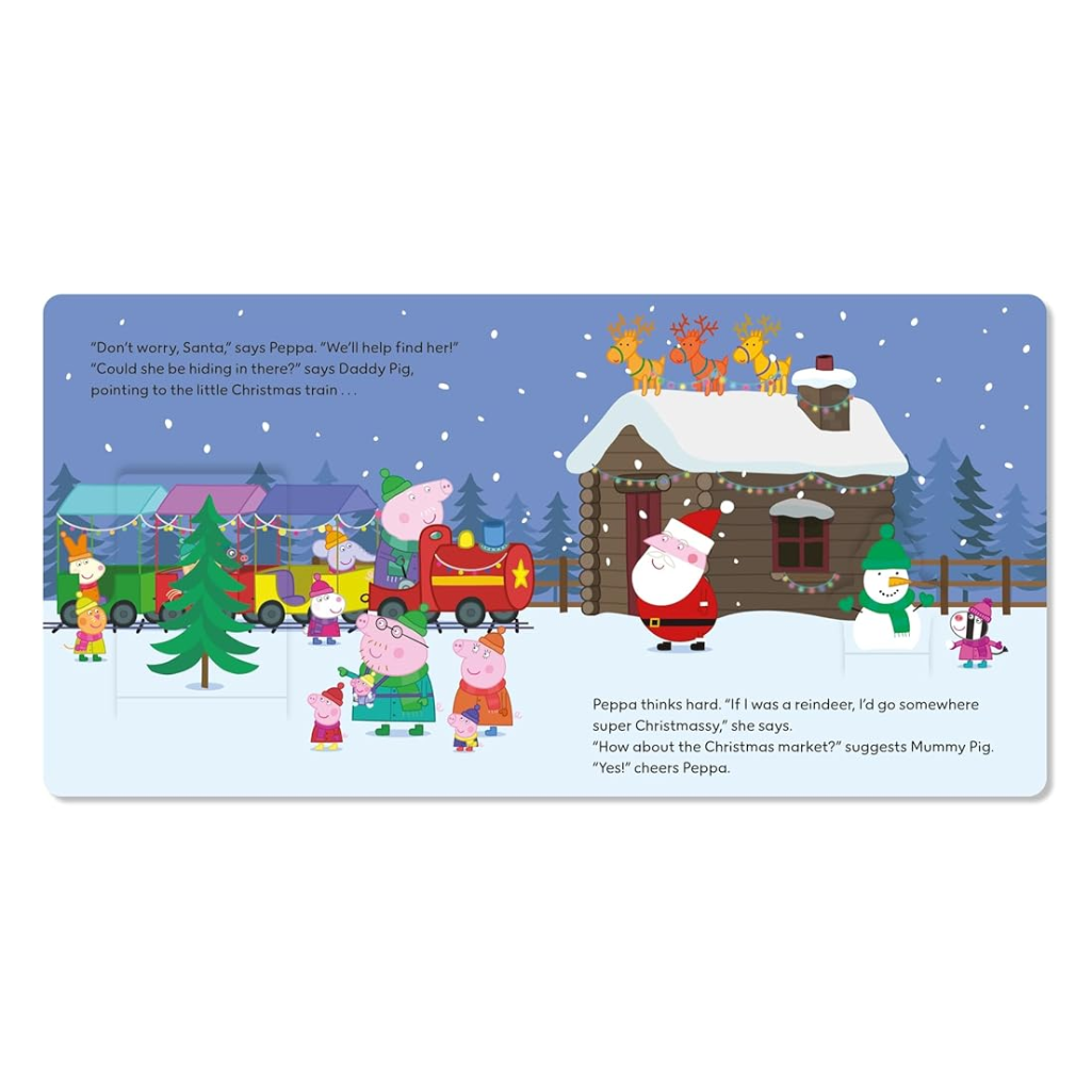 Illustration of Santa Claus and friends in a snowy village scene with text.