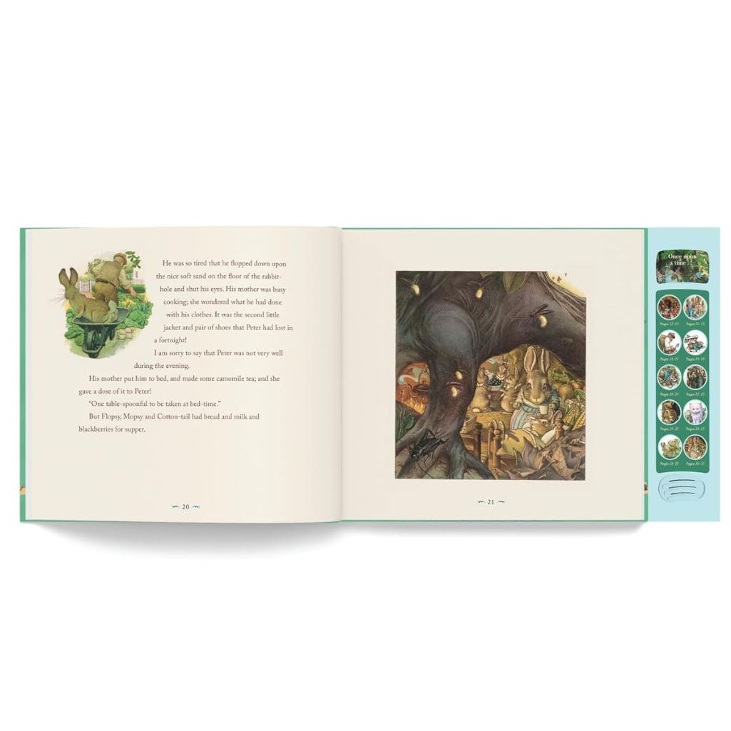 Open book with illustrations and text on a white background