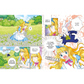 Comic panel of a character with blonde hair and a blue dress in a garden setting.