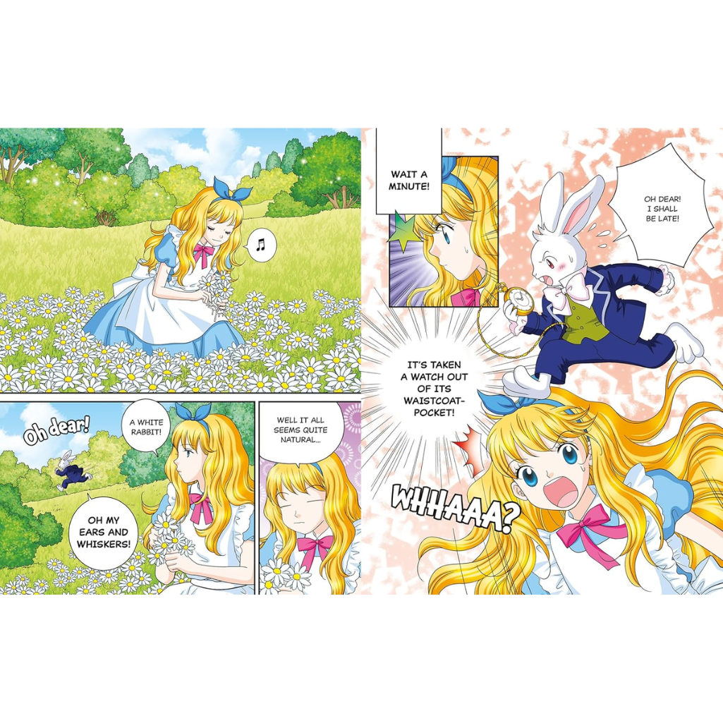 Comic panel of a character with blonde hair and a blue dress in a garden setting.