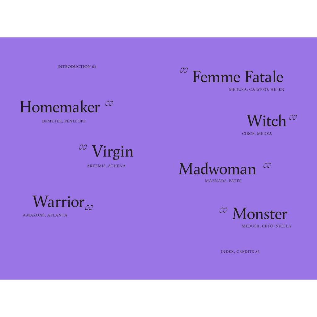 Purple background with black text listing various roles and their corresponding Greek goddesses.