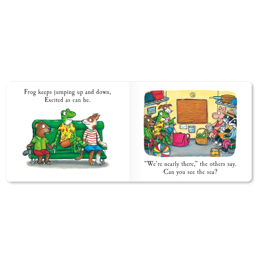 Illustration from a children's book with characters on a train and at a beach.