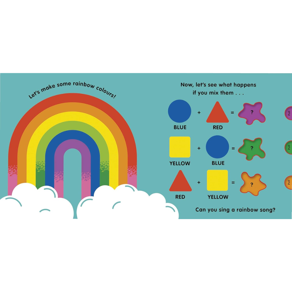 Educational children's book page about rainbow colors and mixing them