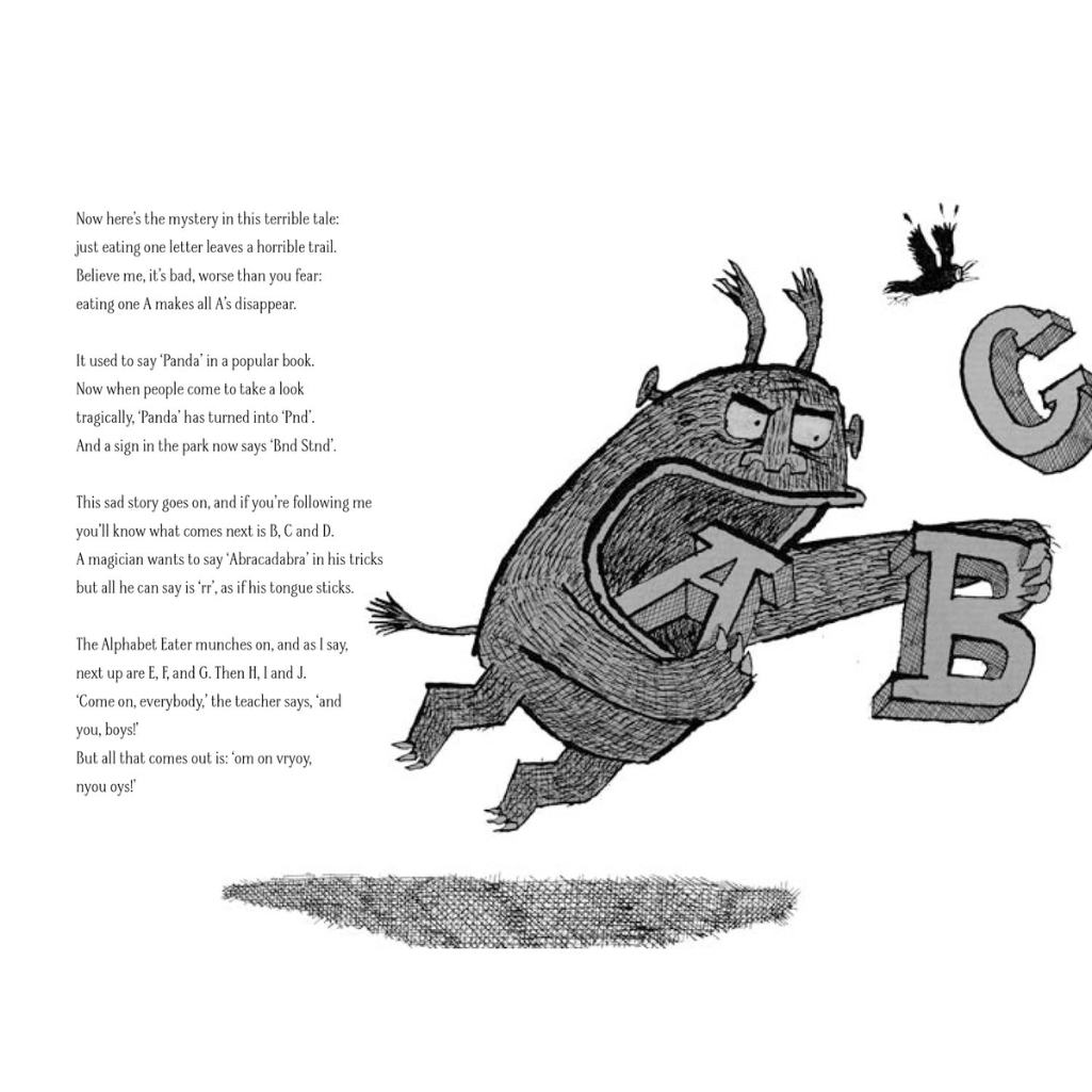 Illustration of a creature with letters on a white background