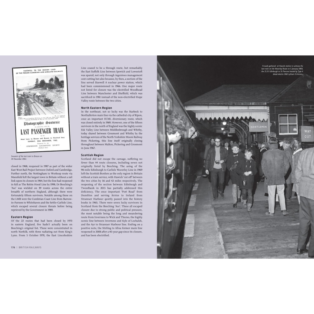 Black and white photograph of people at a train station with text on the left side.