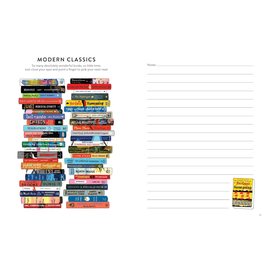 Book stack design with 'Modern Classics' text on a white background
