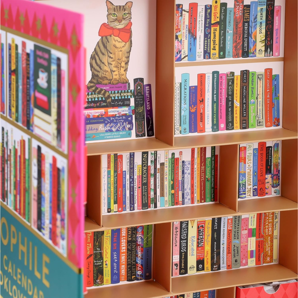 Bookshelf with books and a cat wearing a red scarf on top