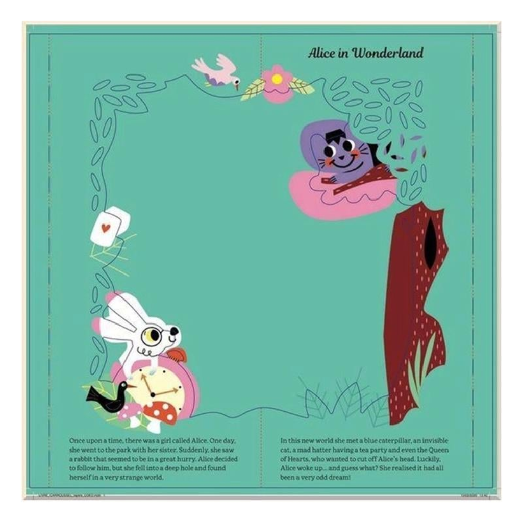 Illustrated book page from 'Alice in Wonderland' with characters and text on a green background