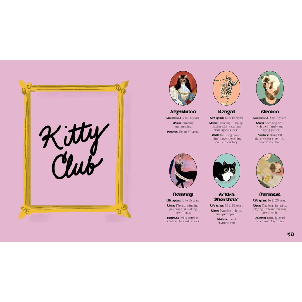 Kitty Club poster with cat breeds and descriptions on a pink background