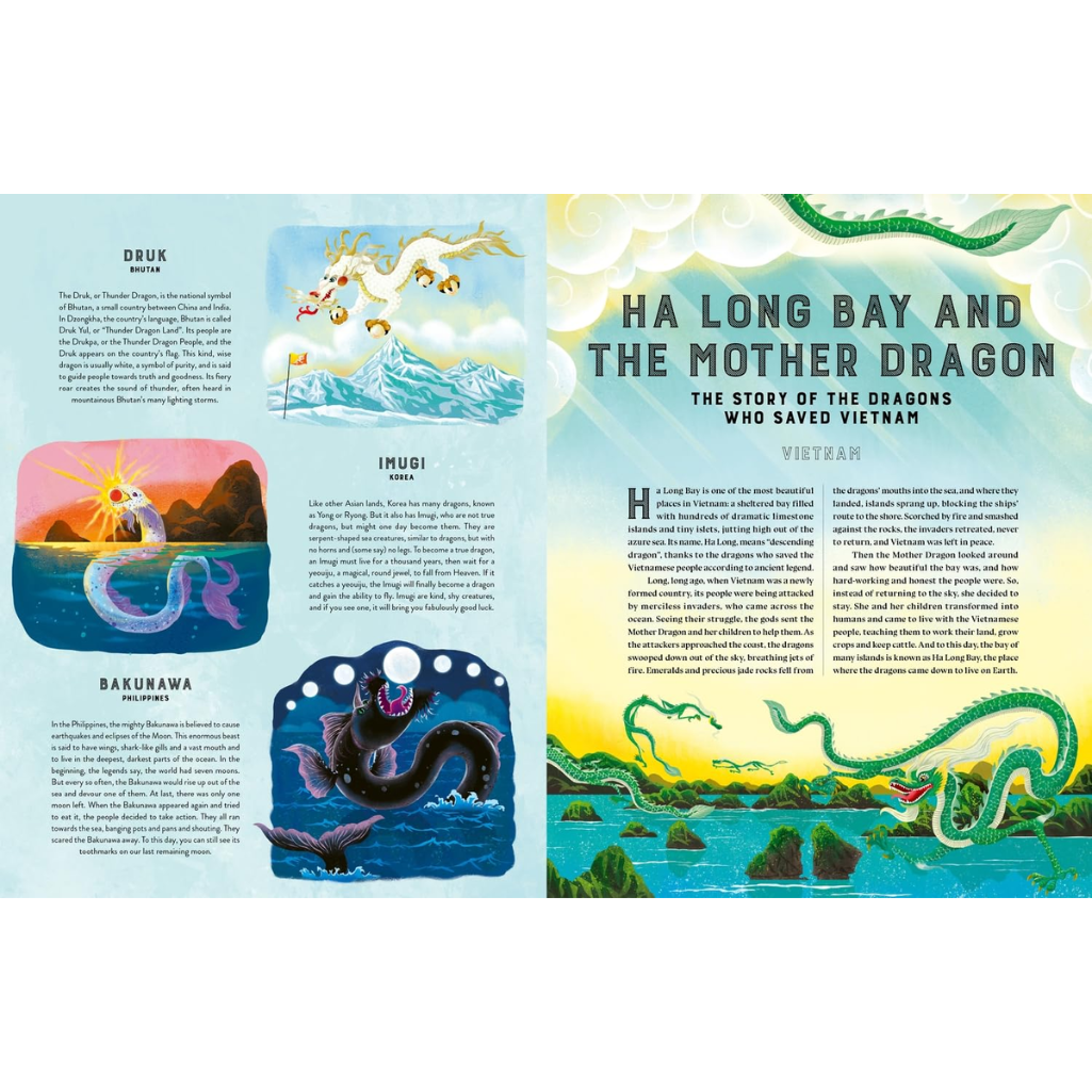 Illustrated book page about dragons with colorful illustrations and text.