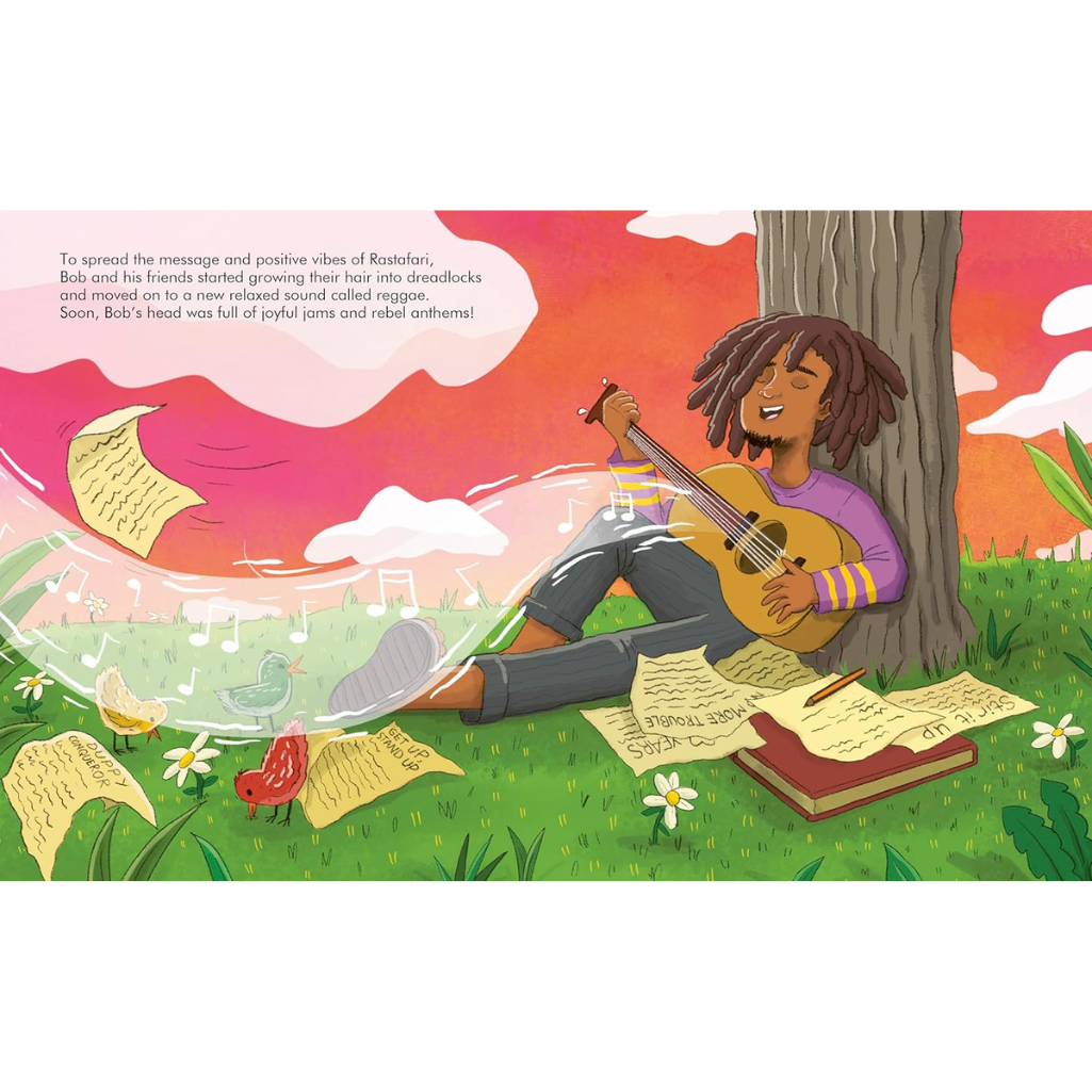 Illustration of a person playing guitar under a tree with a colorful sky and grass.