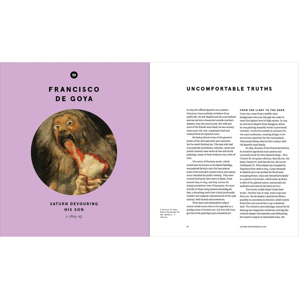 Book page with Francisco de Goya's artwork and text on a white background