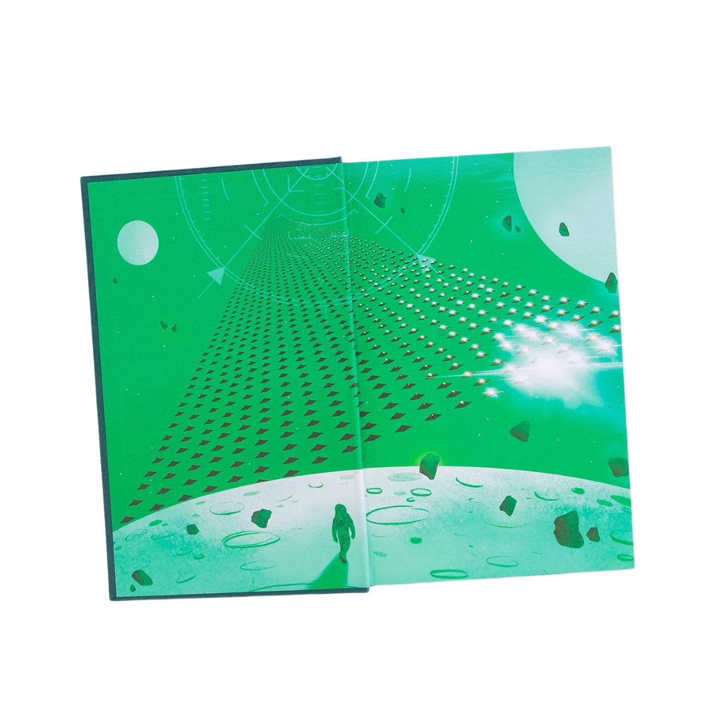 Green card with a futuristic design of a tunnel and silhouette on a white background