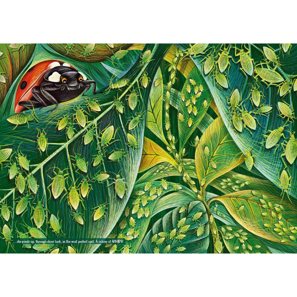 Illustration of a ladybug among green insects and leaves