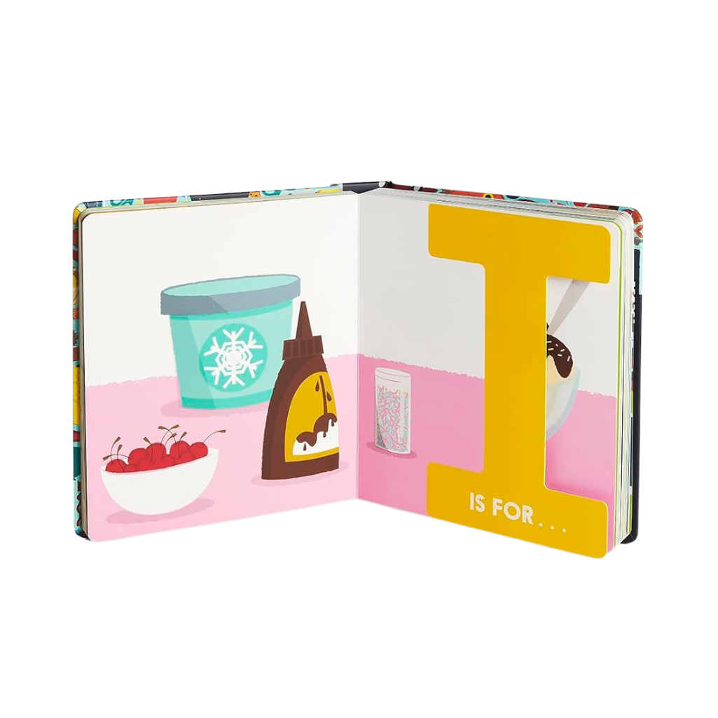 Open book with colorful illustrations on a white background
