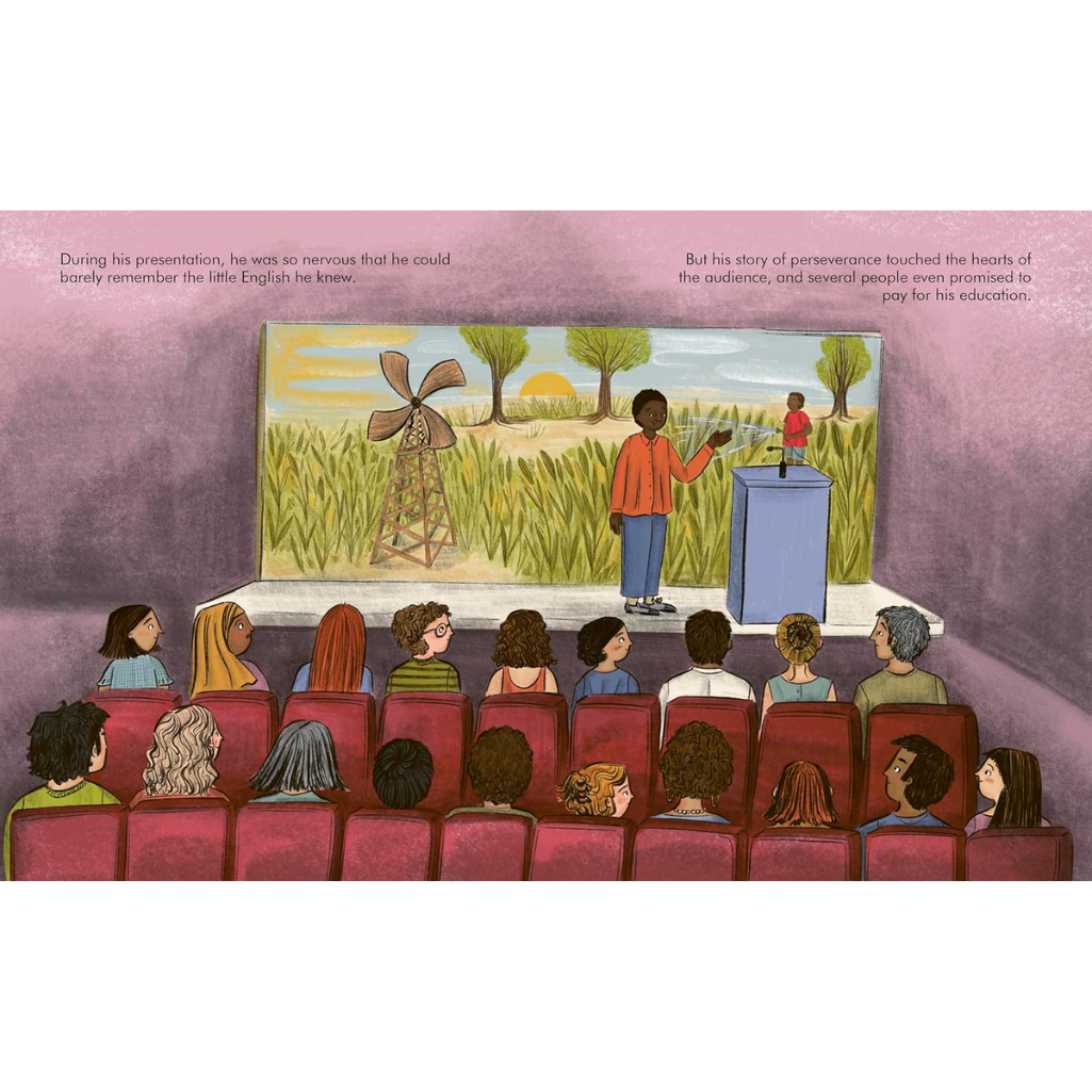 Illustration of a classroom setting with a child at a podium and an audience listening.