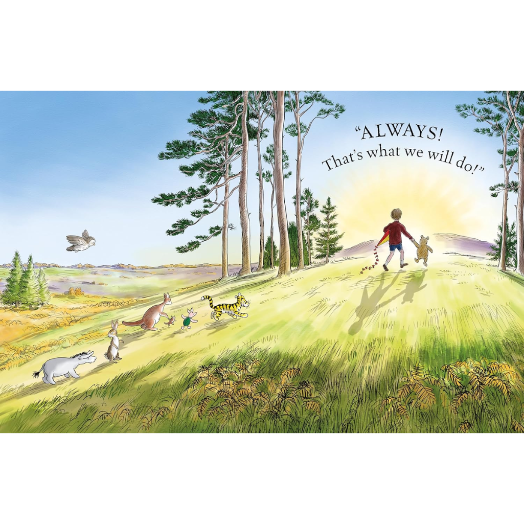 Illustration of a child and animal friends walking together with a quote in a natural setting.