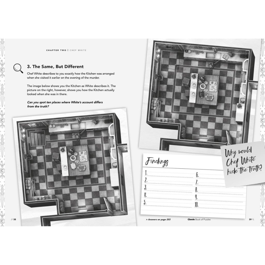 Book pages with black and white images of a kitchen layout and questionnaires.
